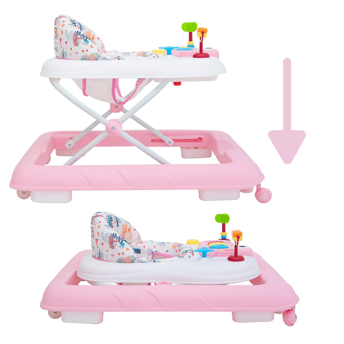 Olmitos - Andador bebe con Bandeja de Actividades – Primeros pasos Estimulación Sensorial y Desarrollo Motriz - centro de actividades plegable y regulable – Seguro con Sistema Stopper (Pink Stars)