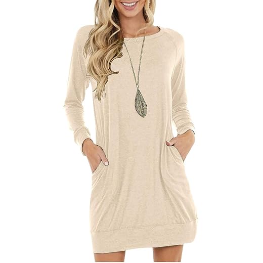 PrinStory Women's Long Sleeves Dresses Causal Loose Round-Neck Tuinc Tops Basic Dress with Side Pockets US Large FP VG-Beige