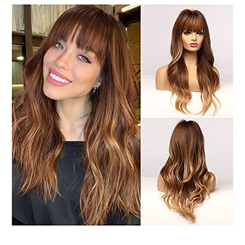 QACCF Women Long Wavy Fluffy Curly Heat Resistant Full Bang Girls Wig (Tan)