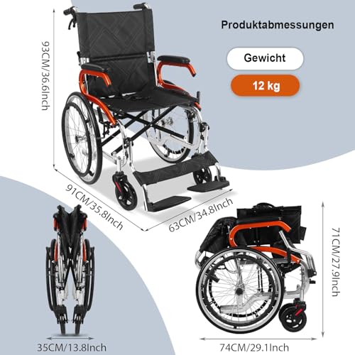 COVNBXN Ultraleicht Rollstuhl Faltrollstuhl, Faltbar und leicht Rollstuhl für Ältere und Behinderte, Sitzbreite: 45 cm, Abnehmbare Rollen mit einem Knopf, Aluminium