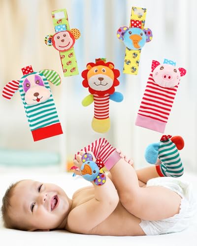 Soft Baby Toy Wrist Rattle & Foot Finder Socks Handheld Rattles and Rattle Socks Foot Rattle Leg Rattle Ankel Rattle Newborn Baby Rattle Toys for Infant Boy or Girl (5 PCS-A)