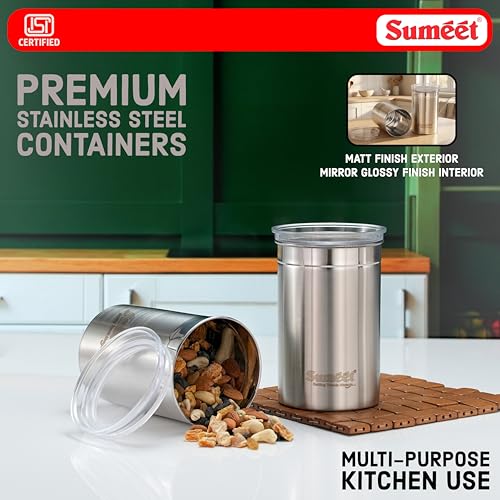 Image of Sumeet ISI Certified Stainless Steel Big Canisters /Dabba /Storage Containers for Kitchen with See Through Air Tight Lid - Set of 2 Pcs - 1100ml, 10cm Dia, Silver