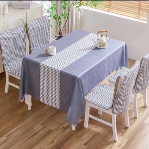Image of HOMETHREADS Premium Cotton Chair Cover Set | Soft & Comfortable Seat Covers with Anti-Skid Non-Slip Backing + Waterproof Dining Table Cover (140x180 cm) (Blue Box,4 Chair Covers + 1 Table Cover)