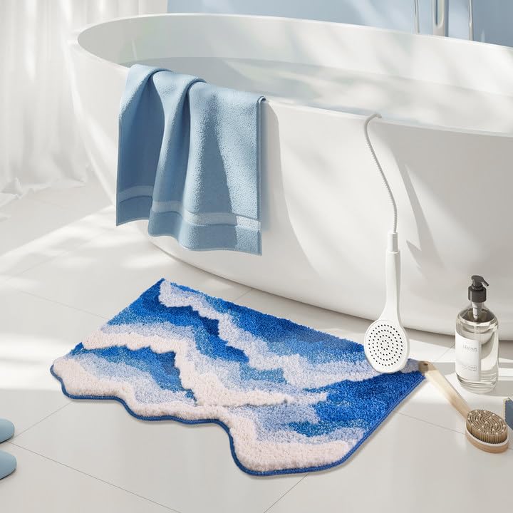 Wave Rug for Bedroom,Ocean Coastal Beach Themed Blue Rugs 31.5×20 Inch,Cute Bedside Irregular Shaped Carpet,Soft Non-Slip Washable Bathroom Rug for
