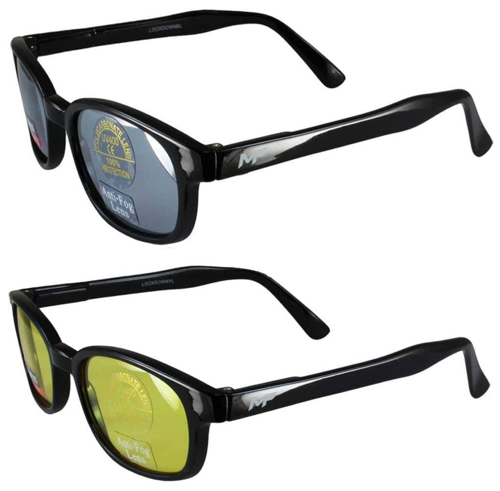 2 Pairs MotoFrames Lockdown Motorcycle Riding Glasses w/Black Frames Blue Yellow Lenses