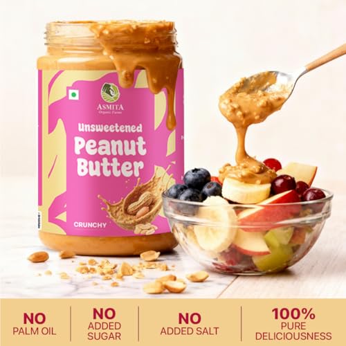 Image of Asmita Organic Farms Crunchy Peanut Butter Unsweetened 900g | Made with Roasted Peanuts | No Added Sugars or Salt | High Protein Spread | Cholesterol & Trans Fat Free | Healthy Breakfast Spread