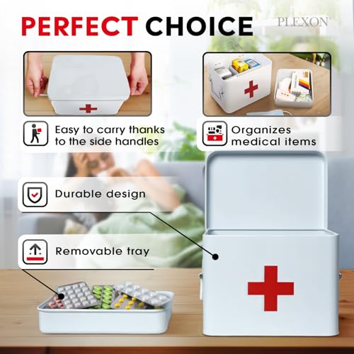 Image of Plexon 8.5 inch Metal First Aid Box Empty, Medicine Storage Bin with Lid, Emergency Supplies Organizer, Portable First Aid Kit Case, White