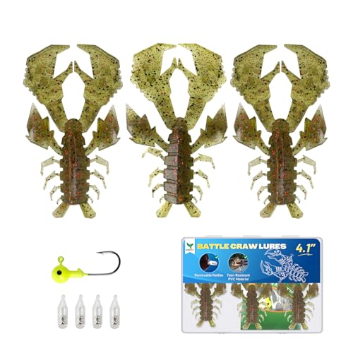 Image of Battle Craw Soft Plastic Crawfish Lures Kit with Removable Rattles | Salt Infused Creature Bait for Bass Fishing, Texas Rig & Jig Trailer Lure in Tackle Box, Realistic 1:1 Claw-to-body 4.1 /5.5in