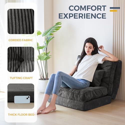 Image of MAXYOYO Folding Sofa Bed, Tufted Bean Bag Bed with Pillows Floor Couch for Adults, Extra Thick and Long Floor Sofa, Single Couch for Bedroom Living Room, Dark Grey, 30x91 Inch