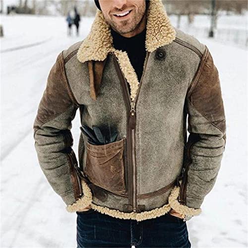 Mmoneyake Faux Shearling Jacket Men Sheepskin Leather Bomber Jacket Full Zip Wool Warm Thick Coats Overcoat with Fur Collar2