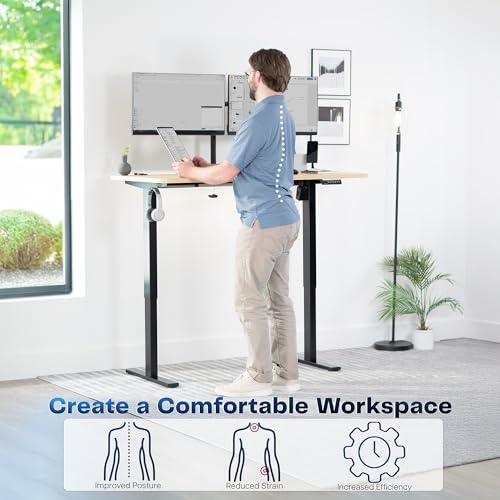 Image of VIVO Light Wood 55 x 28 in Standing Desk, DESK-KIT-1B55C | Electric, Holds 220 lbs, Sit Stand, Height Adjustable, Solid One-Piece Table Top, Memory Presets, 1B Series, Black Frame