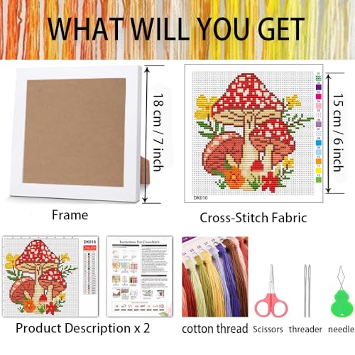 Image of Tiwabb Mushroom Cross Stitch Kits for Adults Beginners,Stamped Cross Stitch Kits with Framed,Embroidery Kit for Beginners,Partial 11CT Cross-Stitch Arts and Crafts for Adults 7x7inch