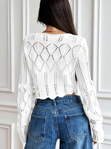 Image of Women's Tie Front Lightweight Cardigan Long Sleeve Crochet Hollow Out Knit Boho Cardigan