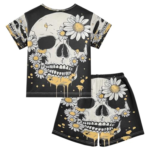 senya Short Sleeve Pajamas Sets Summer Cotton Sleepwear Skull Whie Daisies2