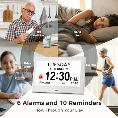 Image of 7'' Digital Clock, Dementia Clock With Date And Time, 10 Reminders, 6 Alarms, Auto-Dimming, Auto DST, Remote Control, Large Display Alarm Clock For Seniors, Gifts For People With Dementia, White