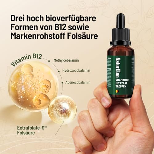 Vitamin B12 Hochdosiert Tropfen - 500µg B12 und 60µg Folsäure pro Tagesdosis, 3 Aktivformen B12 und bioaktive Folsäure, 50ml, Ohne synthetische Zusätze, Vegan, in Deutschland Produziert NaturElan