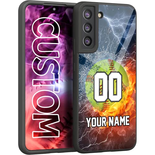 Personalized Baseball Softball vs Name Number US Flag Decor Rubber Cover Phone Case for Galaxy S25 S24 FE S23 S22 S21 S20 ULTRA PLUS/ S21 FE /S20 FE/ S10 PLUS Custom Softball Phone case (Water Fire)