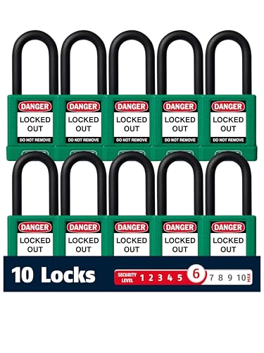 Image of ABUS Premium Lockout Tagout Padlocks -10 Pack, OSHA Compliant Insulated Loto Locks, Keyed Different, 1 Key Per Lock (10, Green)