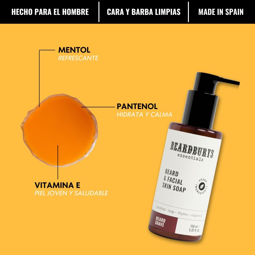 Essentials Skincare - Pack Cuidado Barba Hombre Diario | Incluye Limpiador Barba y Cara + Acondicionador Barba | Antiarrugas, sin Picores y Fórmula de Rápida Absorción