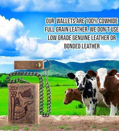 Image of F&L CLASSIC RFID Blocking Men's Tri-fold Vintage Biker Cowhide Leather Steel Chain Wallet,Snap closure, brown,skull /flag,315-103