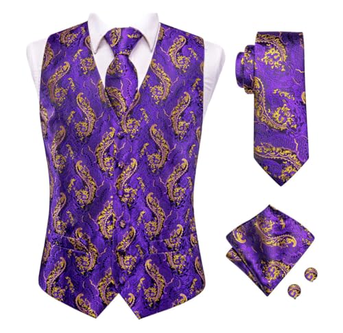 Men's Silk Waistcoat Tie Set Sleeveless Suit Jacket with Hanky Cufflinks for Wedding Business