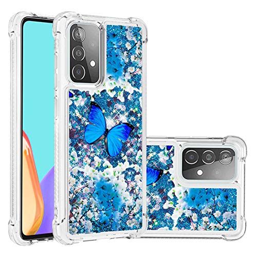 Cattech A52 Case,Galaxy A52 Phone Case Glitter Women Girls,Cute Fashion Liquid Flowing Bling Shiny Sparkle Soft Clear TPU Bumper Shockproof Cover for Samsung A52 Case (2021) (Blue Butterfly)