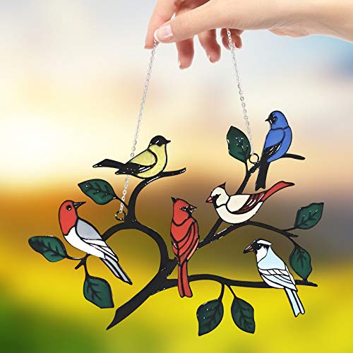 Attrape-soleil à suspendre en vitrail - Décoration murale d'oiseaux - Décoration murale - Oiseaux sur un panneau de fenêtre - Mini famille d'oiseaux de printemps peints - Décoration d'intérieur Cover