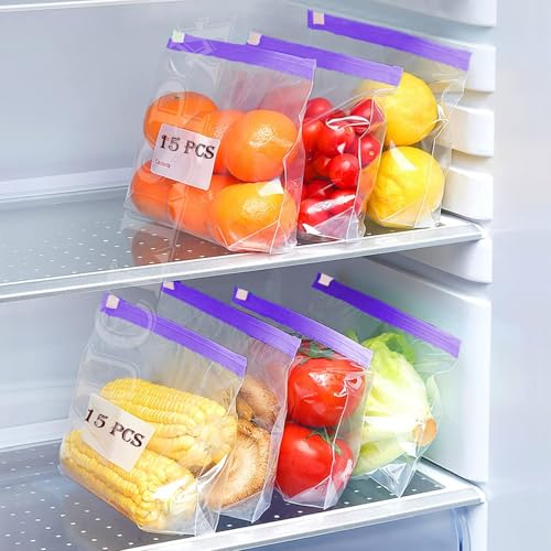 Image of Resealable Bags (15 Pcs), Zip-top Bags For Fridge, Meal Prep, Freezer, Snacks, Travel Packing & Kitchen, Leakproof, Durable, Bpa-free Slider Storage Bags Reusable Ziplock Pouch (Purple)(T-31)