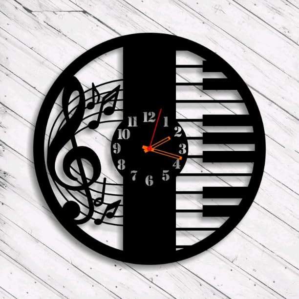 MeeCraft Minimalist Wooden Piano Wall Clock, Musical Theme, Home Decor and Housewarming, 29x29 CM, Black