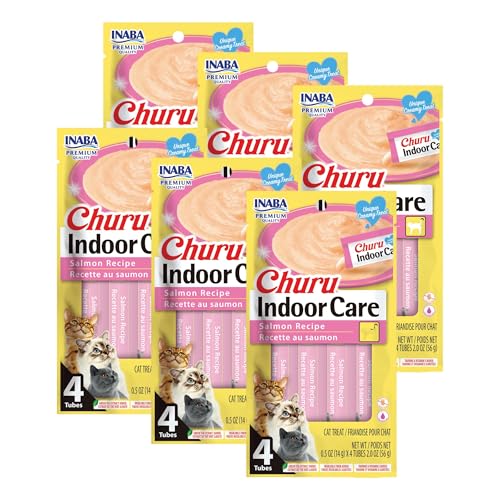 INABA Churu Indoor Care for Hairball Control, Functional Lickable Cat Treat with Taurine & Green Tea Extract, 0.5oz Each, 24 Tubes Total, Salmon Recipe - image 1