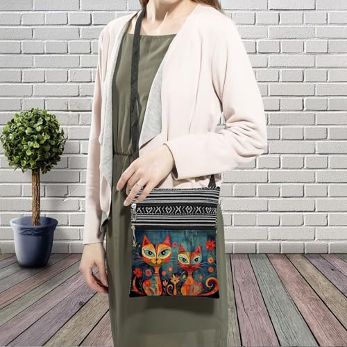 Ethnic Floral Cat Messenger Bag Small Ethnic Pattern Printed Adjustable Strap Crossbody Zipper Bag Ethnic Floral Cat Phone Bag Wallet Cute Shoulder Handbag for Women -33