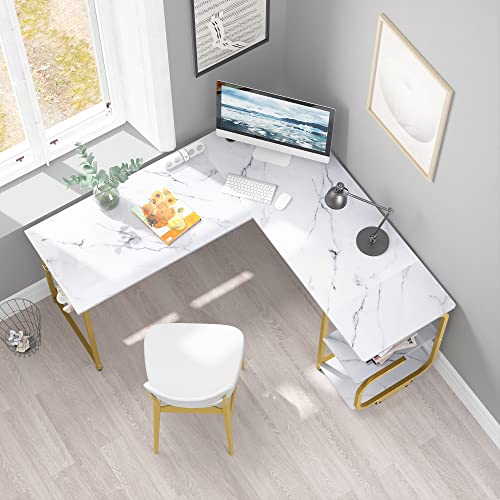 Merronix L Shaped Office Desk, Modern Reversible L Gaming Desk For Home Office, Spacious Desktop Corner Computer Desk, White Marble And Gold #TOP3
