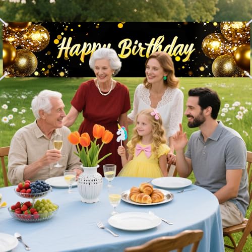 Image of Nuxovilar Happy Birthday Gold Balloon Banner 79x18in Polyester Backdrop | Birthday Party Supplies, Birthday Party Decor. Gold Balloon Banner. Yard, Room, Patio. (Gold Balloon Pattern)