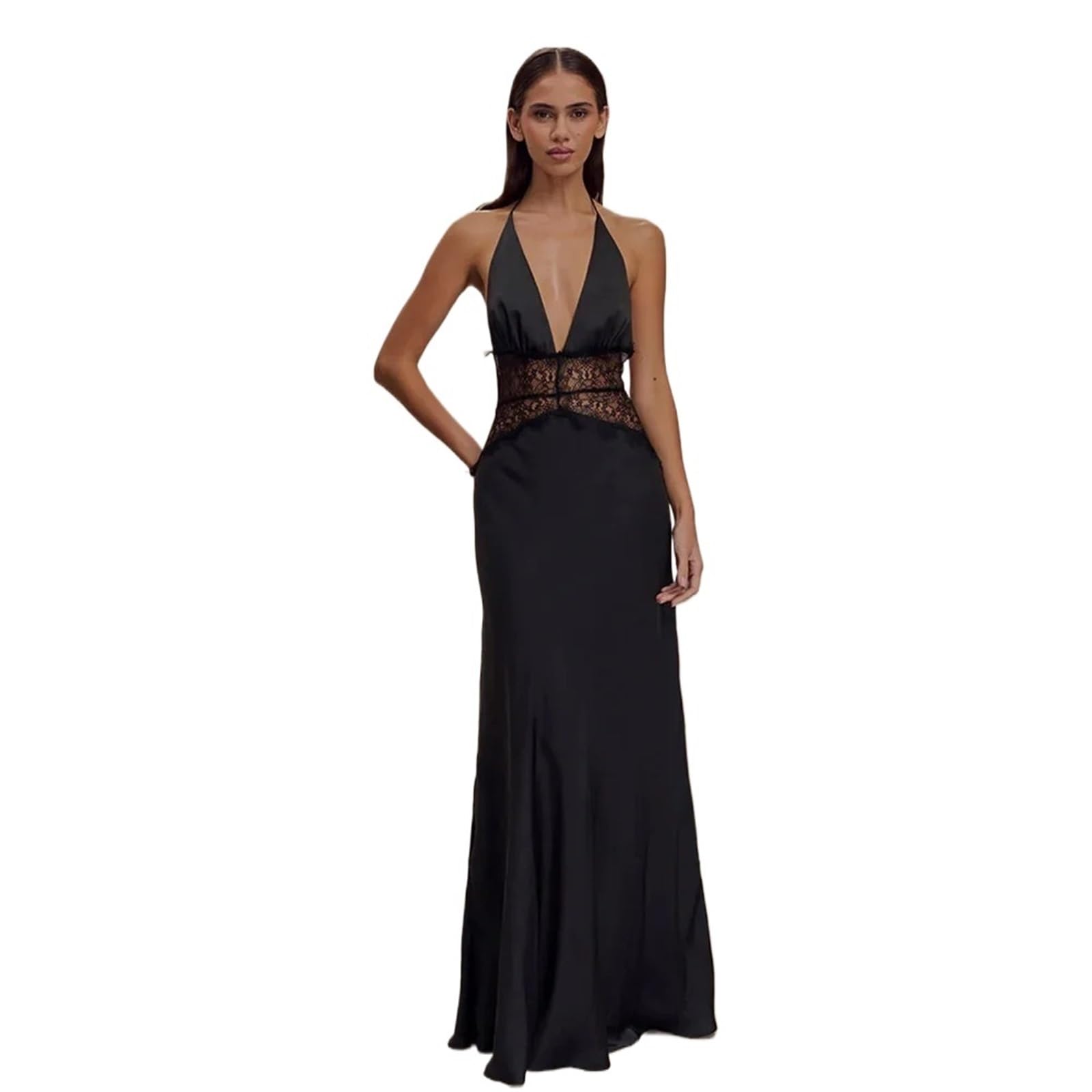 Vestido Largo de satén con Cuello Halter y Encaje for Mujer, Vestido Noche Formal Elegante Escote en V Profundo Espalda Descubierta for Boda, Fiesta graduación