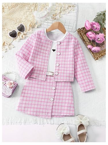 Image of Floerns Toddler Girl's 3 Piece Outfit Plaid Print Jacket with Belt Skirts Rib Knit Tank Top