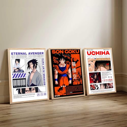 Image of walllane Japanese Characters Posters with Frame | Aesthetic Anime Posters with Frames | Japanese Art Framed Poster for Bedroom Living Room Gaming Room Wall Decor Set Of 3 (10 X 13 inch)