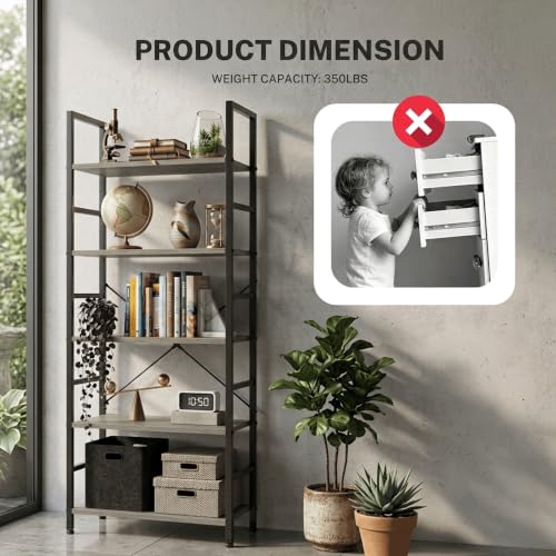 Image of HealSmart 5 Tier Bookshelf, Free Standing Book Shelf Home Office Bookcase Shelf Storage Organizer for Bedroom, Bathroom, Living Room, Office, Balcony, Gray Wood