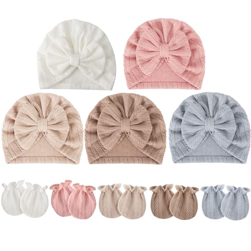 Image of BQUBO Baby Turban Hats and Mittens Set Newborn Infant Hospital Hats Caps with Bows for Baby Boys Girls 0-12 Months