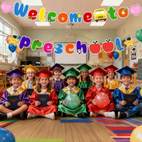 Image of Welcome to Preschool Banner for First Day of Preschool Decorations | Pre-Strung, Back to School, Classroom Office Hallway, Paper, Children Kids