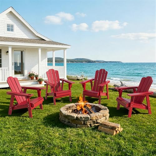 DSNAPE Oversized Adirondack Chairs Set of 4, HDPE All-Weather Outdoor Chairs Easy to Store Fire Pit Chairs for Patio, Lawn, Poolside, Garden, Backyard, Deck- Red