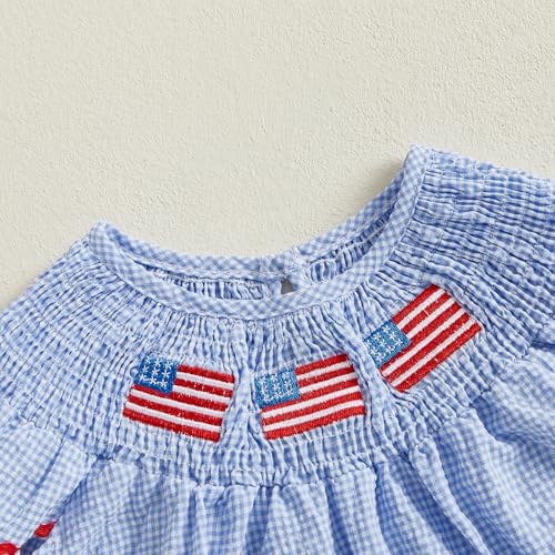 4th of July Baby Girl Outfits Toddler Independence Day Smocked Dress Puff Sleeve American Flag Embroidery Dresses3