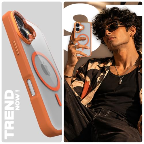 Image of Pikkme Back Cover for iPhone 16 | Shockproof | Mag-Safe Compatible | Hard Transparent Back | Premium Raised Camera Protection | Bumper Case (Orange Mag-Safe)