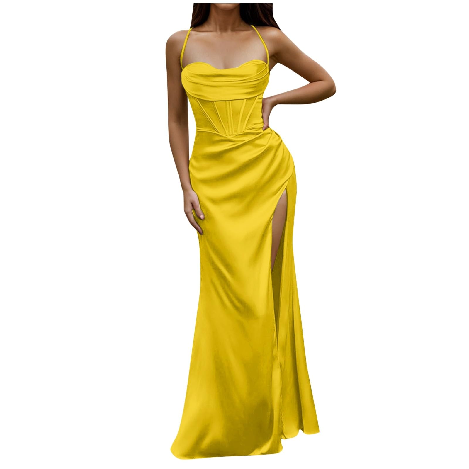 Générique Robe Longue Sexy en Satin pour Femme, Corset, Bretelles, Push-up, arête de Poisson, froncée, soirée, Longue