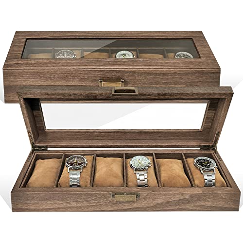 Boîte Montre Homme Boite Rangement, Montres Coffret Boites Bracelet Etui pour Présentoir - 6 Fentes Montre Coffre Organisateur Range avec Lunettes Presentoir - Porte Boitier Bijoux Watch Case Bois Cover