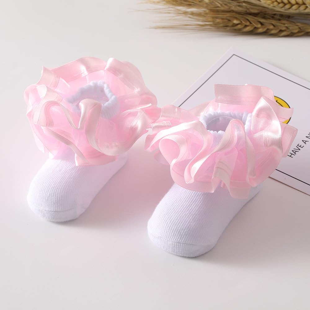 Bmrwtg 2 Pairs Girls Ruffle Lace Cotton Socks,Cute Double Big Lace White Frilly Princess Dress Socks for Toddler Little Girls (US, Age, 1 Year, 3 Years, Standard, White/Pink)