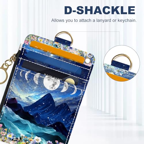 Image of Slim Wallet Credit Card Holder, Mountains and the Moon, RFID Wallet Women Cute Small Front Pocket Wallet With Zipper, PU Leather Thin travel RFID Blocking Card Case ID Window ,Ladies Gifts