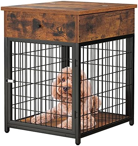 CuisinSmart Wooden Furniture Style Dog Crate End Table with Drawer, Wood Pet Kennels Side Table Bed Nightstand, Dog House Indoor Use, Chew-Proof, Easy Installation Rustic Brown