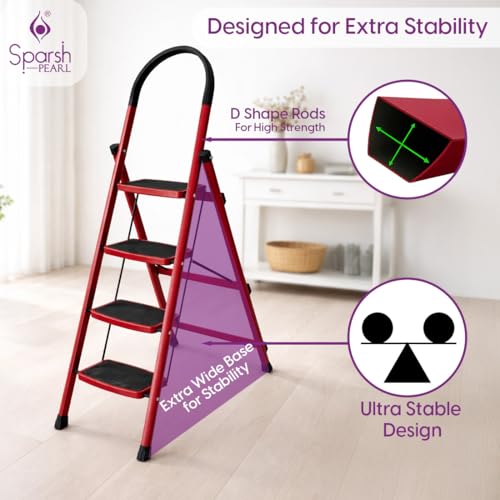 Image of Sparsh Pearl Steel Ladder for Home 4 Steps Foldable with Anti-Skid Wide Steps | 4 Step Ladder for Home Use with D-Shape Rods | Secure Lock | 150 Kg Capacity Folding Ladder | 5 Year Warranty (Red)