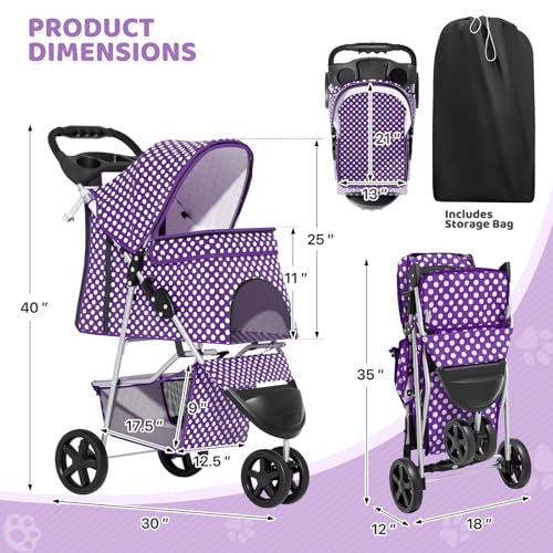 Image of Magshion 3-Wheel Pet Stroller, Foldable Travel Jogger for Small & Medium Dogs & Cats (Up to 33lbs), Lightweight Carrier with Breathable Mesh Cover, Cup Holder & Storage Basket, Purple Polka Dots