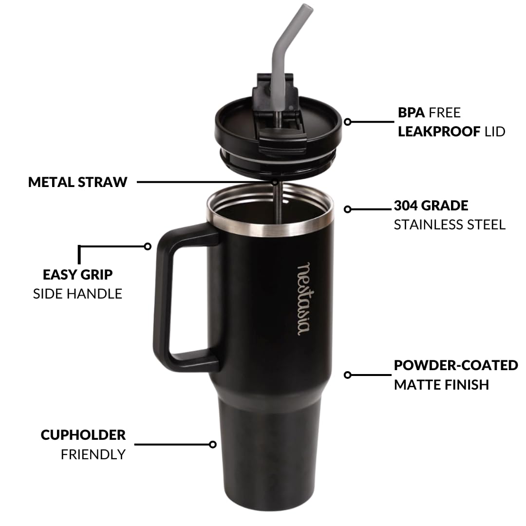Nestasia GripSip40 Tumbler with Straw & Side Handle 1.2L | Insulated Stainless Steel Sipper Water Bottle for Adults with Dual Flip Opening Sip-Swig Leakproof Lid for Office & Gym (Black Noir) — Amazon image 6